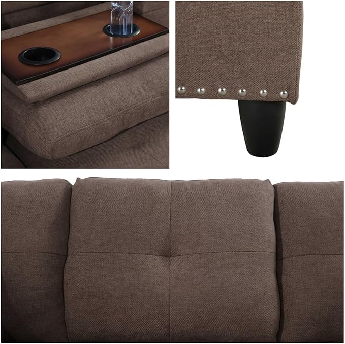 L Shaped Sofa with Ottoman Modern Sectional Living Room, Bedroom, Office, L Couch Brown-Linen - LeafyLoom