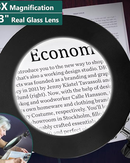 Magnifying Glass with Light and Stand, Veemagni 8X Real Glass 2-in-1 Desk Lamp & Clamp, 3 Color Modes Stepless Dimmable, LED Lighted Magnifier with Light for Hobby Reading Crafts Repair Close Works - LeafyLoom