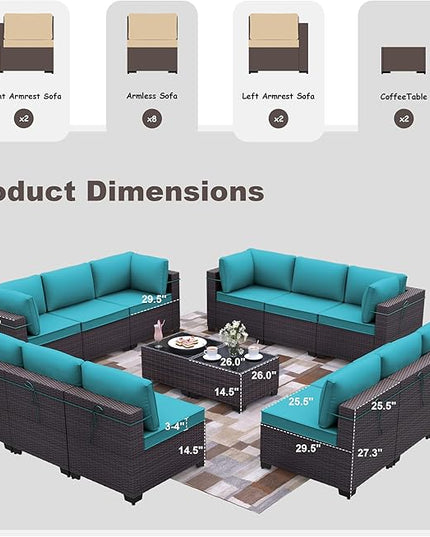 Patio Furniture Set 14-Pieces Outdoor Furniture for Backyard Wicker Sectional Sofa Set, Rattan Patio Conversation Set with Thickened Cushions and Glass Coffee Table, Blue - LeafyLoom