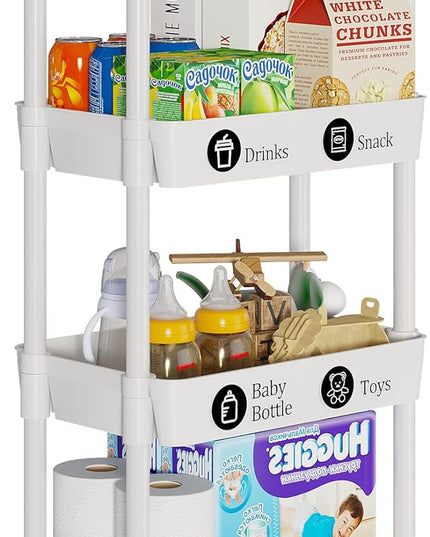 4-Tier Storage Cart,Multifunction Utility Rolling Cart Kitchen Storage Organizer,Mobile Shelving Unit Cart with Lockable Wheels for Bathroom,Laundry,Living Room,With Classified Stickers,White - LeafyLoom