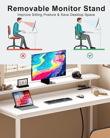 Need 60 inch Computer Desk with LED Lights & Power Outlets, Large Home Desk with Monitor Shelf, Writing Table Gaming Desk Home Office Desk, White - LeafyLoom