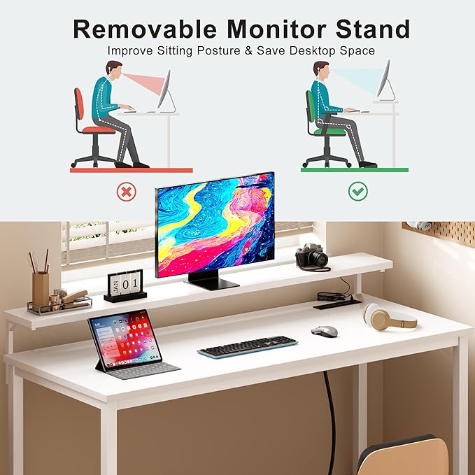 Need 60 inch Computer Desk with LED Lights & Power Outlets, Large Home Desk with Monitor Shelf, Writing Table Gaming Desk Home Office Desk, White - LeafyLoom