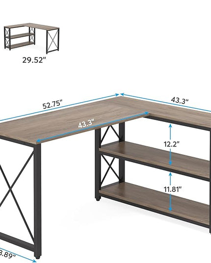 Tribesigns Reversible Industrial L-Shaped Desk with Storage Shelves, Corner Computer Desk PC Laptop Study Table Workstation for Home Office Small Space (Grey, 53") - LeafyLoom