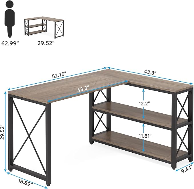 Tribesigns Reversible Industrial L-Shaped Desk with Storage Shelves, Corner Computer Desk PC Laptop Study Table Workstation for Home Office Small Space (Grey, 53") - LeafyLoom