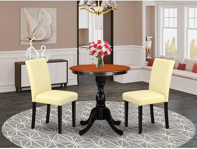 East West Furniture Eden 3 Piece Room Set Contains a Round Kitchen Table with Pedestal and 2 Eggnog Faux Leather Parson Dining Chairs, 30x30 Inch, ESAB3-BCH-73 - LeafyLoom