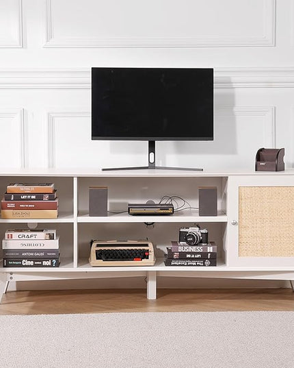 VEVOR Rattan TV Stand for 75in TV, Boho TV Stand with Rattan Door, Entertainment Center with Build-in Socket, Storage Cabinet with 2 Shelves, Modern TV Console for Living Room, Media Room, White - LeafyLoom
