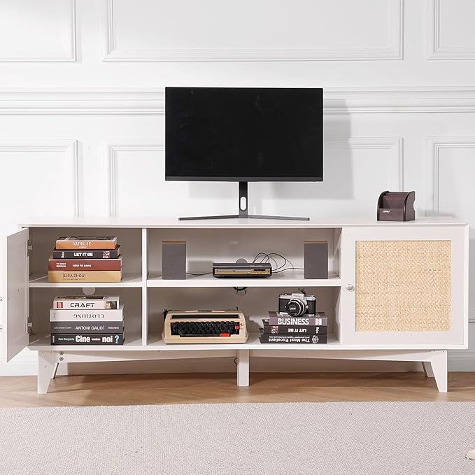VEVOR Rattan TV Stand for 75in TV, Boho TV Stand with Rattan Door, Entertainment Center with Build-in Socket, Storage Cabinet with 2 Shelves, Modern TV Console for Living Room, Media Room, White - LeafyLoom