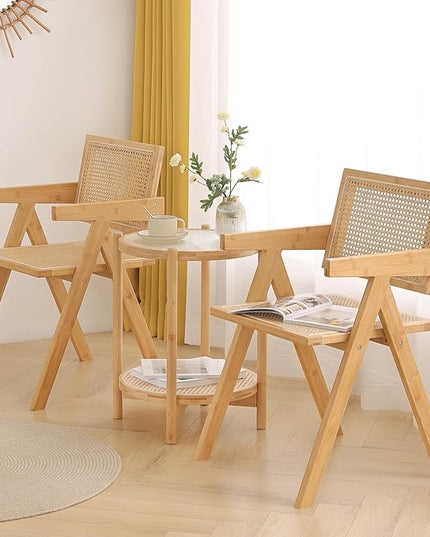 Rattan Dining Chairs Set of 2, Modern Mid Century Accent Chairs, Comfy Armchairs, Outdoor Rattan Chairs with Armrest for Bedroom Living Room Reading Room Dining Kitchen - LeafyLoom