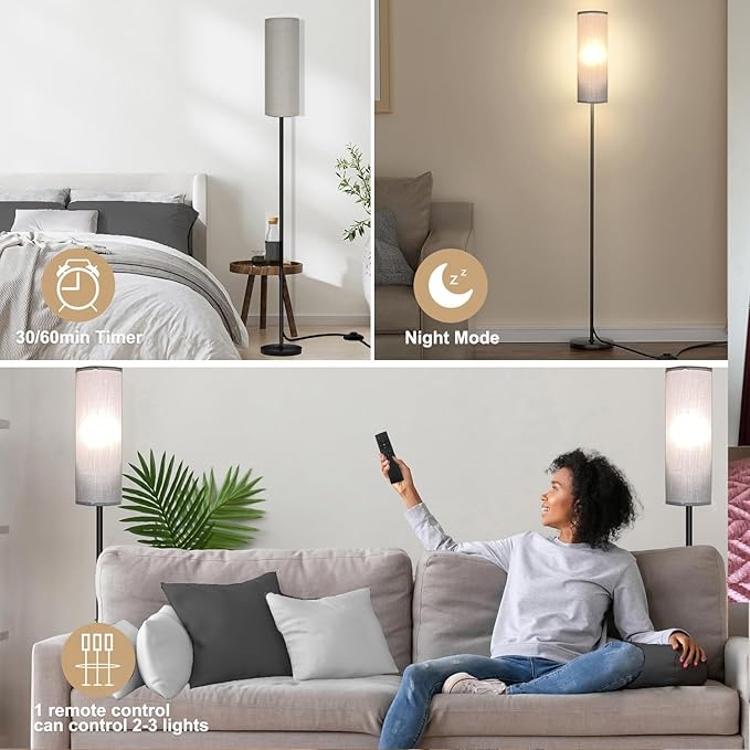Floor Lamp for Living Room Bedroom, Modern Floor Lamp with Remote,Stepless Dimmable 12W Bulb Included,Standing Lamps LED Tall Lamp for Bedroom Office(Grey) - LeafyLoom
