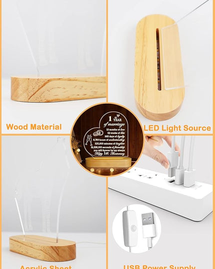 FULLOSUN Anniversary Wedding Gifts for Him/Her, I Love You Night Light 3D Illusion Lamp for Couple Wife Husband Romantic Valentines Wedding Day Present (1st) - LeafyLoom