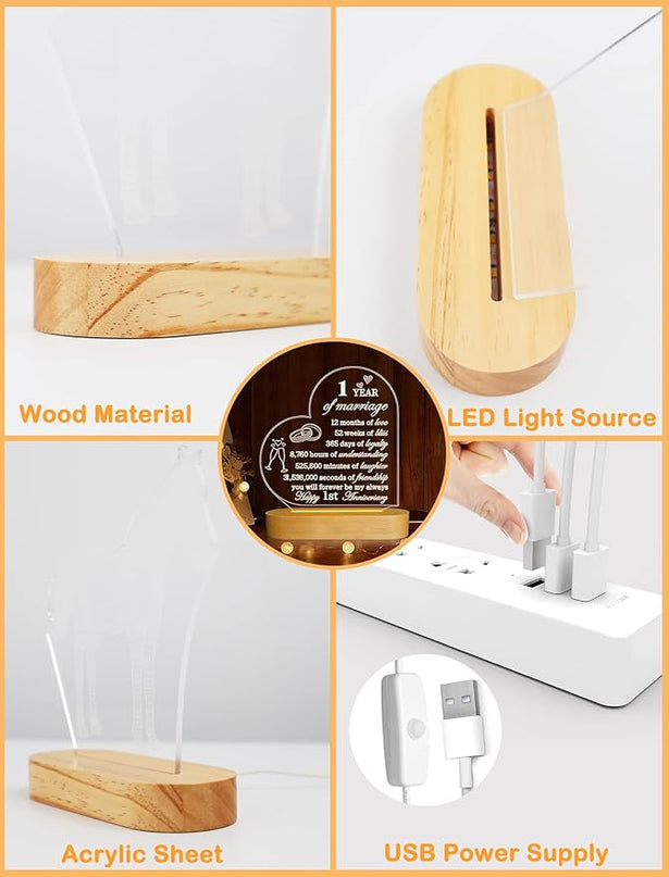FULLOSUN Anniversary Wedding Gifts for Him/Her, I Love You Night Light 3D Illusion Lamp for Couple Wife Husband Romantic Valentines Wedding Day Present (1st) - LeafyLoom