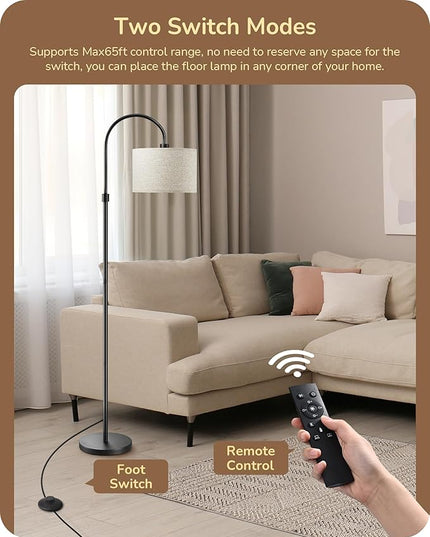 EDISHINE Dimmable Floor Lamp with Remote Control, Modern Arc Standing Lamp, 3000K-6500K Color Temperatures, Reading Light for Living Room Bedroom Office, Footswitch, LED Bulb Included, Black - LeafyLoom