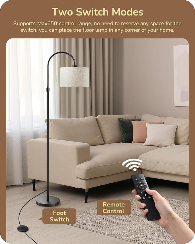 EDISHINE Dimmable Floor Lamp with Remote Control, Modern Arc Standing Lamp, 3000K-6500K Color Temperatures, Reading Light for Living Room Bedroom Office, Footswitch, LED Bulb Included, Black - LeafyLoom