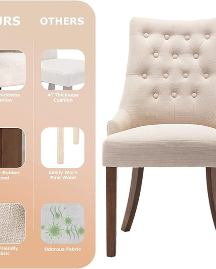 COLAMY Wingback Upholstered Dining Chairs Set of 2, Fabric Side Dining Room Chairs with Tufted Button, Living Room Chairs for Home Kitchen- Beige - LeafyLoom