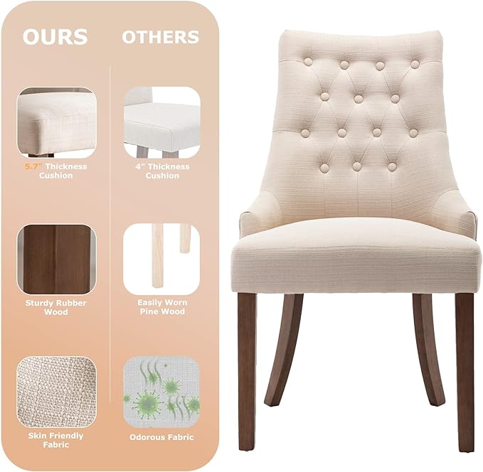 COLAMY Wingback Upholstered Dining Chairs Set of 2, Fabric Side Dining Room Chairs with Tufted Button, Living Room Chairs for Home Kitchen- Beige - LeafyLoom