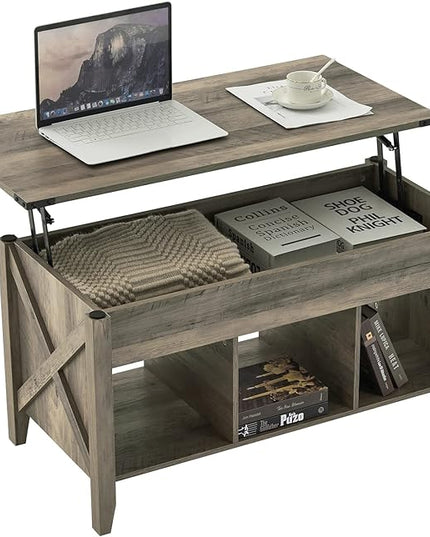 VINGLI Farmhouse Lift Top Coffee Table, Rustic Grey Coffee Table with Lift Top, Lift Up Pop Up Coffee Table with Storage Shelf/Hidden Compartment, Gas Lift Coffee Table Mesa De Centro Para Sala - LeafyLoom