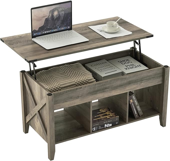 VINGLI Farmhouse Lift Top Coffee Table, Rustic Grey Coffee Table with Lift Top, Lift Up Pop Up Coffee Table with Storage Shelf/Hidden Compartment, Gas Lift Coffee Table Mesa De Centro Para Sala - LeafyLoom
