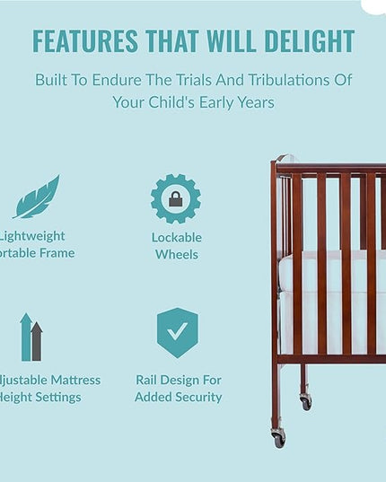Folding Full Size Convenience Crib In Espresso, Two Adjustable Mattress Height Positions, Comes With Heavy Duty Locking Wheels, Flat Folding Crib - LeafyLoom