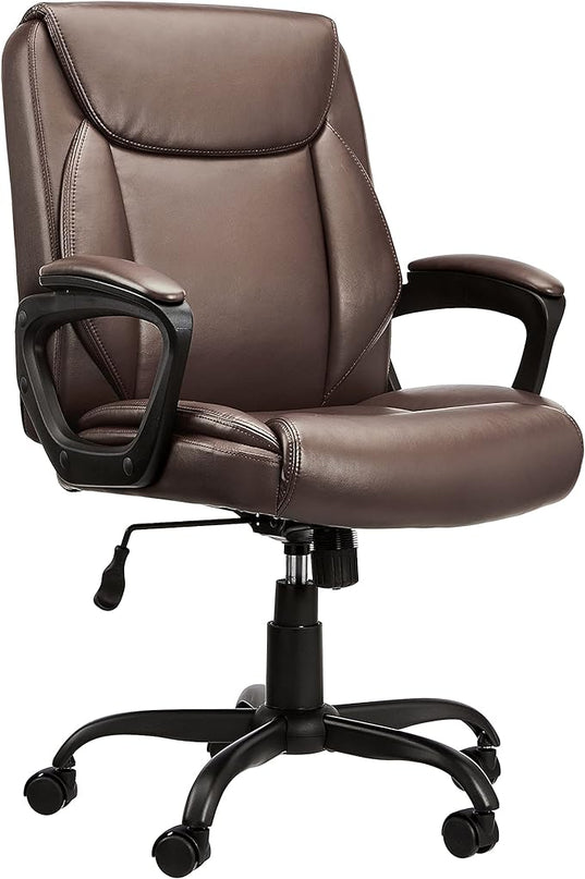 Amazon Basics Classic Puresoft PU Padded Mid-Back Office Computer Desk Chair with Armrest - Brown, 25.75"D x 24.25"W x 42.25"H - LeafyLoom