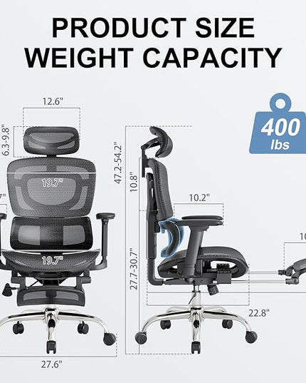 Ergonomic Office Chair, Adaptive Lumbar Support, SGS Class 4 Gas Clylinder 400 LBS Capacity，3D Headrest & Armrest and Retractable Footrest, Mesh Breathable Desk Computer Gaming Chair - LeafyLoom
