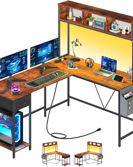 Yoobure L Shaped Desk with LED Strip & Power Outlet, Reversible L-Shaped Computer Desk, Corner Desks Home Office Desk with Drawer, Gaming Desk - LeafyLoom