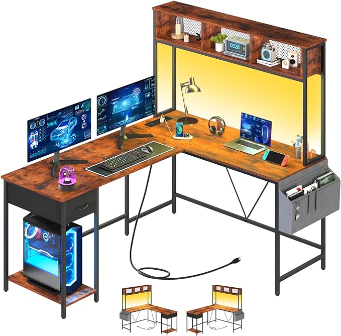 Yoobure L Shaped Desk with LED Strip & Power Outlet, Reversible L-Shaped Computer Desk, Corner Desks Home Office Desk with Drawer, Gaming Desk - LeafyLoom