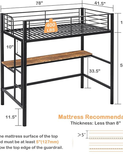 VECELO Metal Loft Bed Twin Size with Desk, Heavy Duty Bedframe with Removable Ladder and Safety Guardrail, Space-Saving, Noise Free, No Box Spring Needed, Black - LeafyLoom