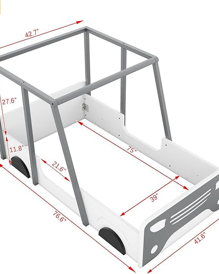 Twin Size Bed Car-Shaped,Twin Montessori Floor Bed Frame Car Bed with Wheels and Door, Solid Wood Twin Car-Shaped Platform Bed for Children, Boys, Girls, Toddler, Without Slats,Grey - LeafyLoom