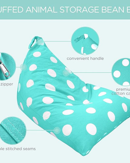 Aubliss Stuffed Animal Storage Bean Bag Chair Cover, 50"x 35" Extra Large Bean Bags for Kids & Adults, Beanbag Toy Storage for Boys Girls - Premium Cotton Canvas Aqua Dot - LeafyLoom