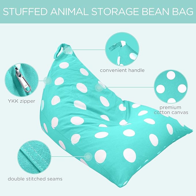 Aubliss Stuffed Animal Storage Bean Bag Chair Cover, 50"x 35" Extra Large Bean Bags for Kids & Adults, Beanbag Toy Storage for Boys Girls - Premium Cotton Canvas Aqua Dot - LeafyLoom