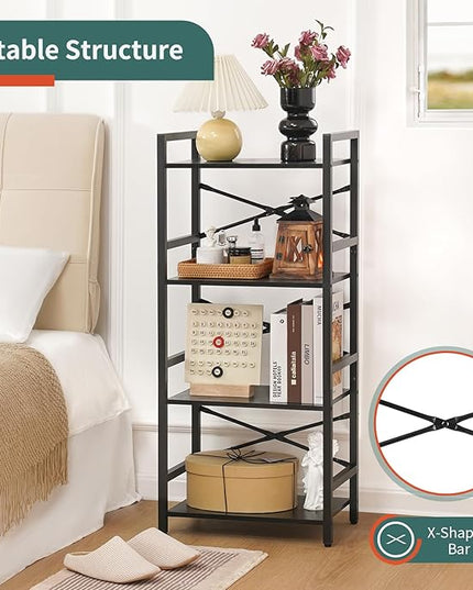 Yoobure 4 Tier Bookshelf - Small Book Shelf Industrial Bookcase, Narrow Book Case Book Storage Organizer for CD/Movie/Book, Bookshelves for Bedroom Office Living Room Black - LeafyLoom