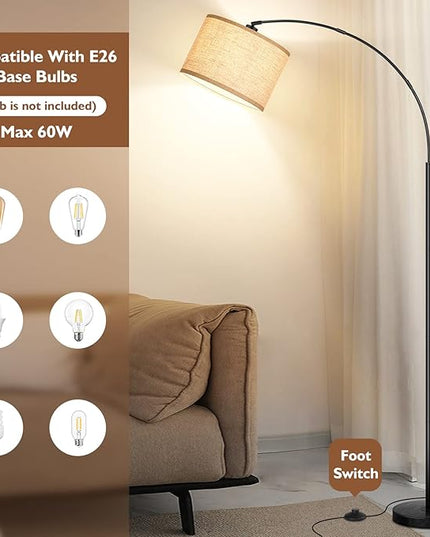 Arc Floor Lamps for Living Room, Modern Standing Lamp with Adjustable Hanging Drum Shade, 79'' Black Tall Pole Lamp with Weighted Base & Edison E26 Socket, Corner Light for Reading Bedroom Office - LeafyLoom