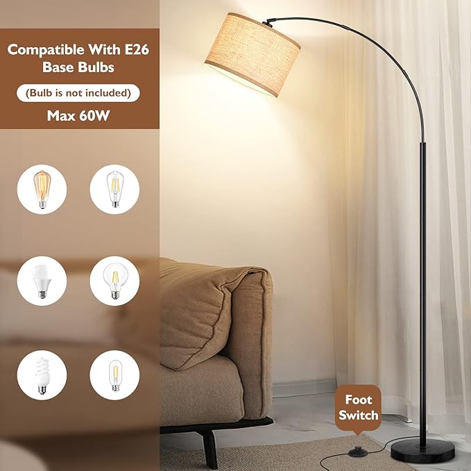 Arc Floor Lamps for Living Room, Modern Standing Lamp with Adjustable Hanging Drum Shade, 79'' Black Tall Pole Lamp with Weighted Base & Edison E26 Socket, Corner Light for Reading Bedroom Office - LeafyLoom
