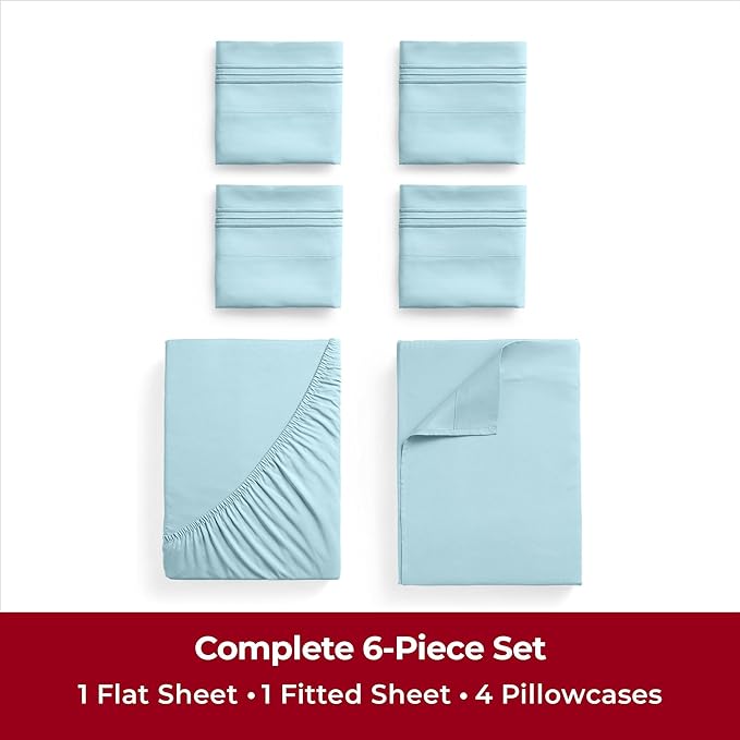 Mellanni King Sheets Set - 6 PC Iconic Collection Bedding Sheets & Pillowcases - Hotel Luxury, Ultra Soft, Cooling Bed Sheets - Deep Pocket up to 16 inch - 6 PC (King, Aqua w/Extra Pillow Cases) - LeafyLoom