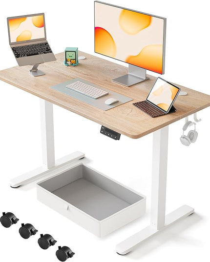 FEZIBO 40 x 24 Inches Standing Desk with Drawer, Adjustable Height Electric Stand up Desk with Storage, Sit Stand Home Office Desk, Ergonomic Computer Desk, Maple - LeafyLoom