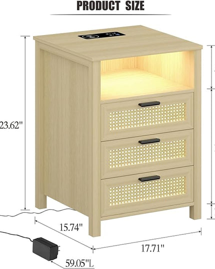 Rattan Nightstand with Charging Station, Night Stand with 3 Drawers and Open Shelf, Bed Side Table with LED Lights for Bedroom, Living Room, Natural Wood - LeafyLoom