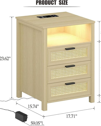 Rattan Nightstands Set of 2 with Charging Station, Night Stand with 3 Drawers and Open Shelf, Bed Side Table with LED Lights for Bedroom, Living Room, Natural Wood - LeafyLoom