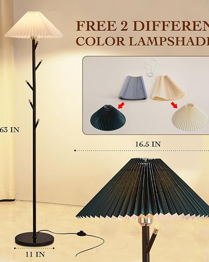 Unique Floor Lamps Modern,Black Simple Floor Lamp with Coat Rack,Tree LED standing lamp ,Lamparas De Pie Para Sala for Living Room Office or Bedroom - Includes Two Pleated Lampshades (Beige+Green) - LeafyLoom