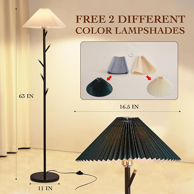 Unique Floor Lamps Modern,Black Simple Floor Lamp with Coat Rack,Tree LED standing lamp ,Lamparas De Pie Para Sala for Living Room Office or Bedroom - Includes Two Pleated Lampshades (Beige+Green) - LeafyLoom