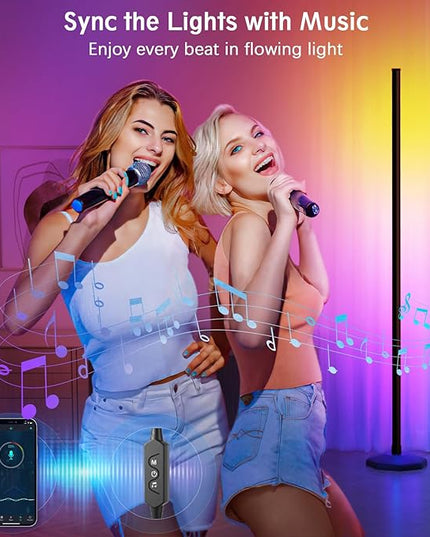 bedee LED Corner Floor Lamp: 64.5 Inch RGB Color Changing with Music Sync, Modern Standing Mood Lighting Remote & App Control, Creative DIY Mode Timing for Living Room Gaming - LeafyLoom