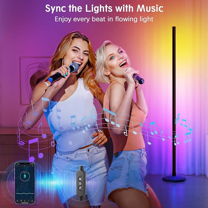 bedee LED Corner Floor Lamp: 64.5 Inch RGB Color Changing with Music Sync, Modern Standing Mood Lighting Remote & App Control, Creative DIY Mode Timing for Living Room Gaming - LeafyLoom