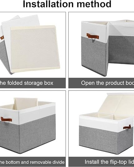 Large Toy Storage Box with Lid, Sturdy Toys Storage Chest Bin Organizer Basket with Dividers for Kids, Boys, Girls, Nursery, Closet, Bedroom, Playroom 25"x13" x16" (Grey and White) - LeafyLoom