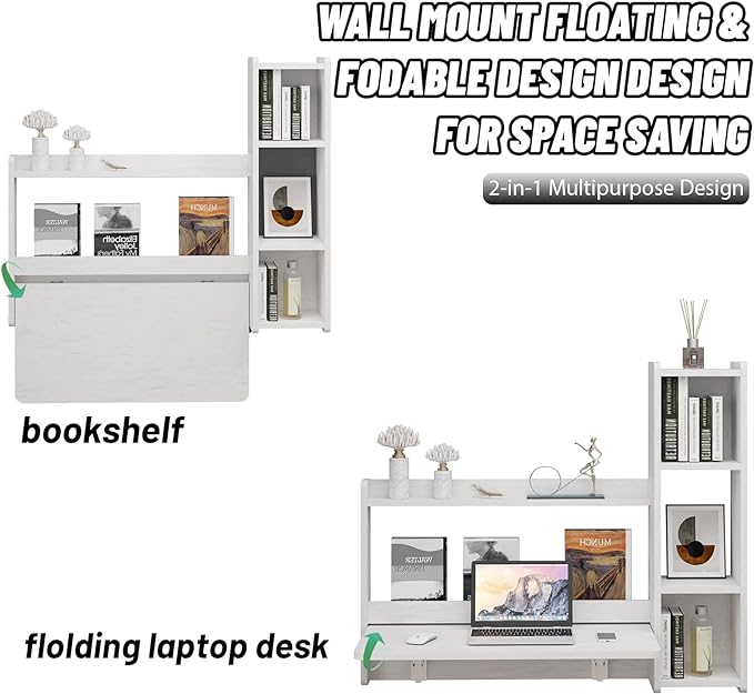 Pmnianhua Floating Desk,41'' Wall Mounted Desk Fold Down Laptop Desk Folding Space Saving Table Workstation with Storage Shelves for Bedroom Study Room Small Space (Off White-Right) - LeafyLoom
