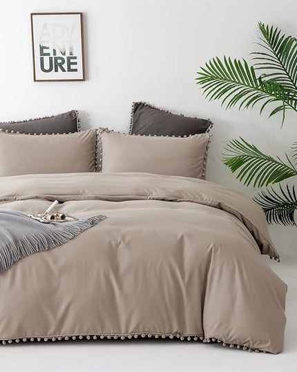 Deep Champagne Comforter Set Full Pom Pom Fringe Comforter 3 PCs Soft Taupe Boho Ball Pom Pom Full Comforter Bedding Women Men Solid Dark Khaki Full Bed Comforter Set All Season Gift - LeafyLoom