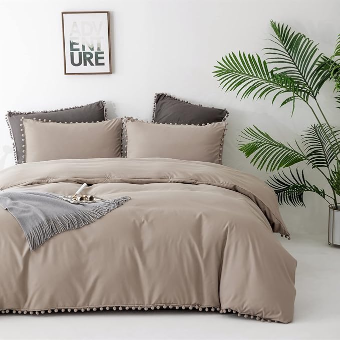 Deep Champagne Comforter Set Full Pom Pom Fringe Comforter 3 PCs Soft Taupe Boho Ball Pom Pom Full Comforter Bedding Women Men Solid Dark Khaki Full Bed Comforter Set All Season Gift - LeafyLoom