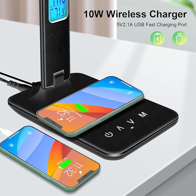 Desk Lamp with Wireless Charger, USB Charging Port, Dimmable Office Desk Light with Clock, Alarm, Date, Temperature, Foldable Lamp for Table Bedroom Bedside Office (Black) - LeafyLoom