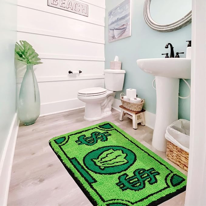 RoomTalks Cute Green Runner Rugs for Bedroom Bathroom 2'x4.3' Extra Long Bath Mat Non Slip Washable, Boho Coastal MR Krabs Money Cartoon Funny Cool Throw Runner Rugs Soft Shag Accent Bedside Floor Rug - LeafyLoom