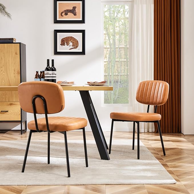 Sweetcrispy Dining Chairs Set of 2, Upholstered Mid Century Modern Kitchen Dining Room Accent Chairs with Faux Leather Cushion Seat & Metal Legs for Kitchen, Living Room - Brown - LeafyLoom