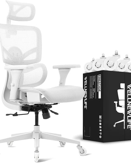 WELLNEW Prestige Ergonomic Office Chair - Height Adjustable Backrest Lumbar Support, Seat Depth Adjust, 3D Headrest, 4D Armrests, Blade Wheels, Mesh Computer Gaming Chairs Executive Swivel Chair - LeafyLoom