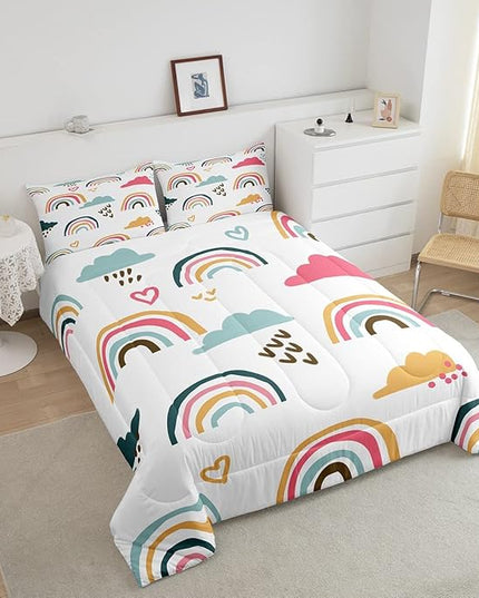 Girly Rainbow Comforter Set Queen Size,Hand Drawn Kawaii Rainbow Bedding Sets for Kids Children,Lovely Cartoon Style Clouds Love Heart Duvet Insert Abstract Artwork Down Comforter with 2 Pillow Shams - LeafyLoom